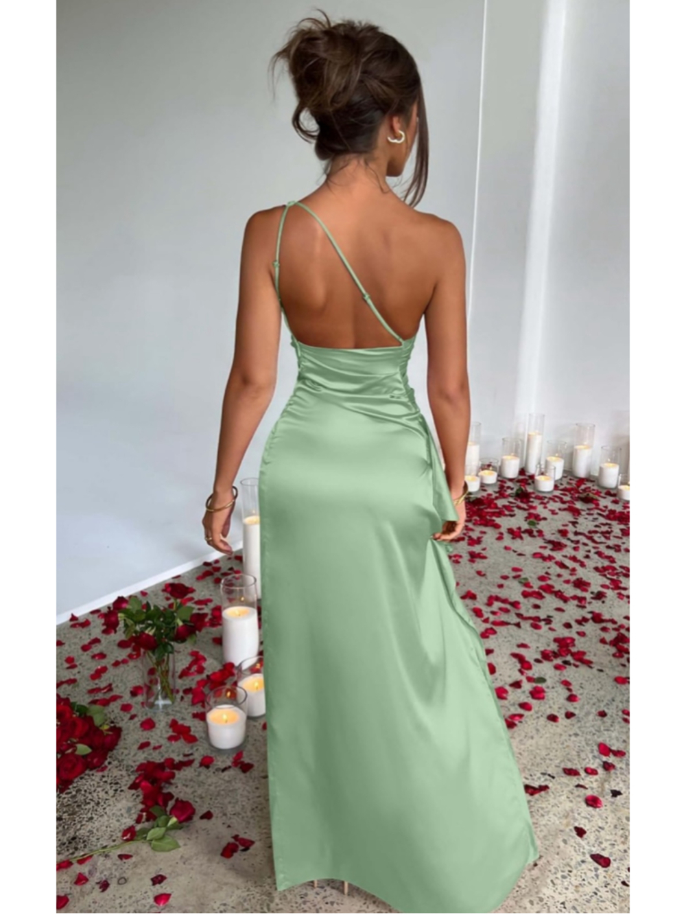 Women's OYS One Shoulder Satin Dress Green Size S - Picture 4 of 14